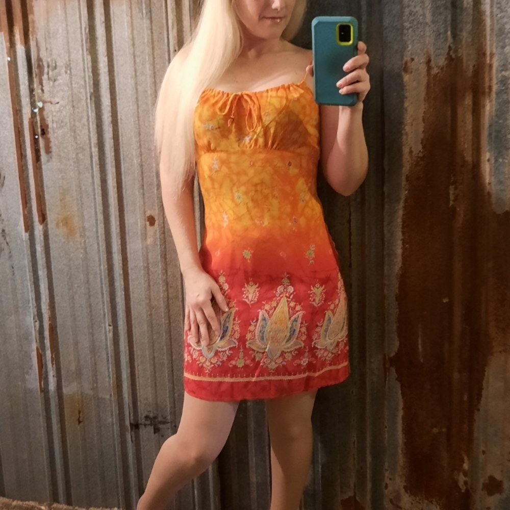VINTAGE Boho Tye Dye Floral Adjustable Tie Silky Sun Dress